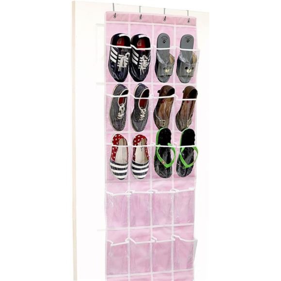 24 Pockets Crystal Clear Over The Door Hanging Shoe Organizer Pink - Picture 1 of 5